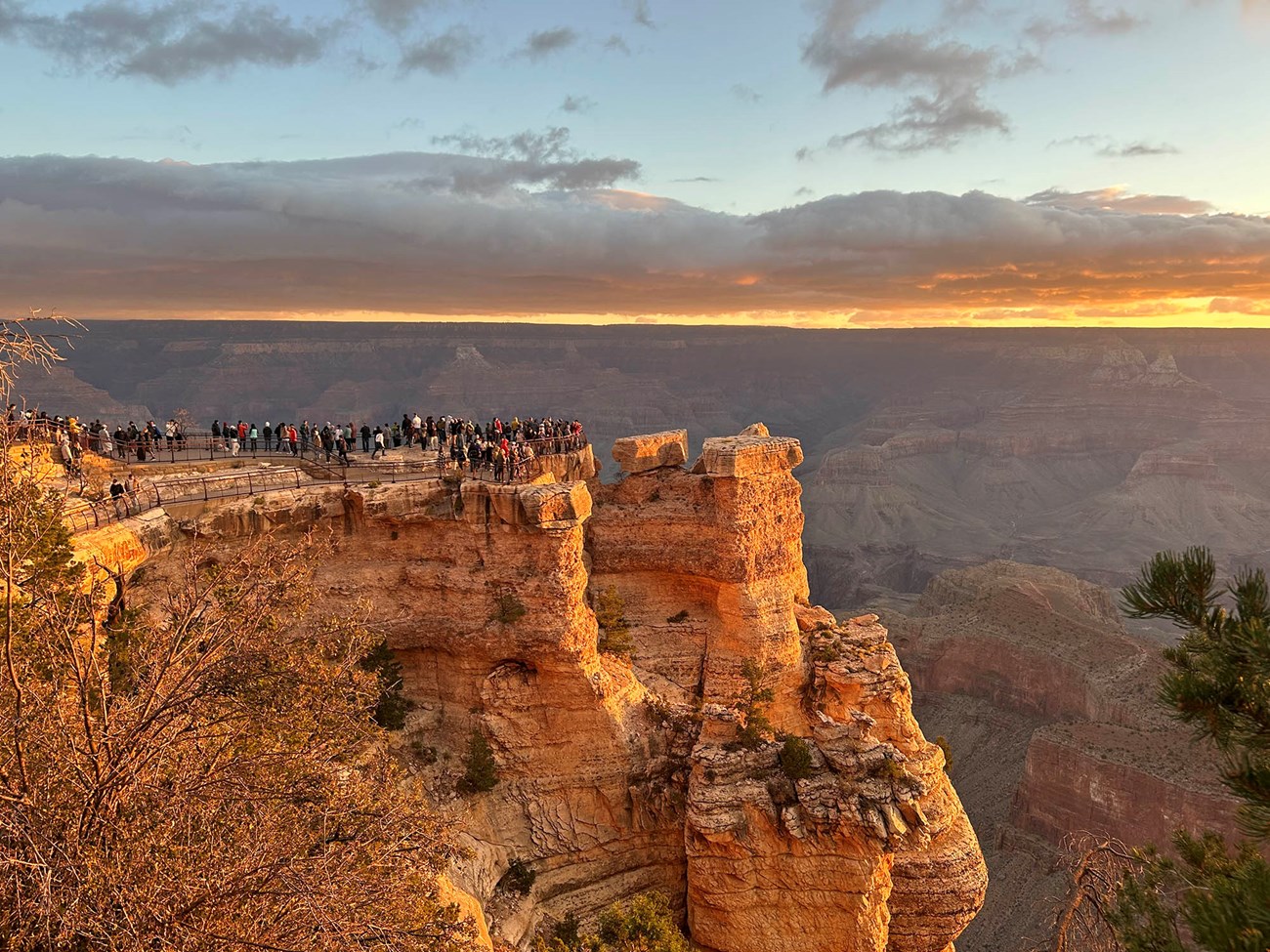 During sunrise, warm light is beginning to illuminate canyon walls as several dozen people are viewing the vast landscape from behind metal guard rails at a scenic overlook on the edge of a sheer limestone cliff.