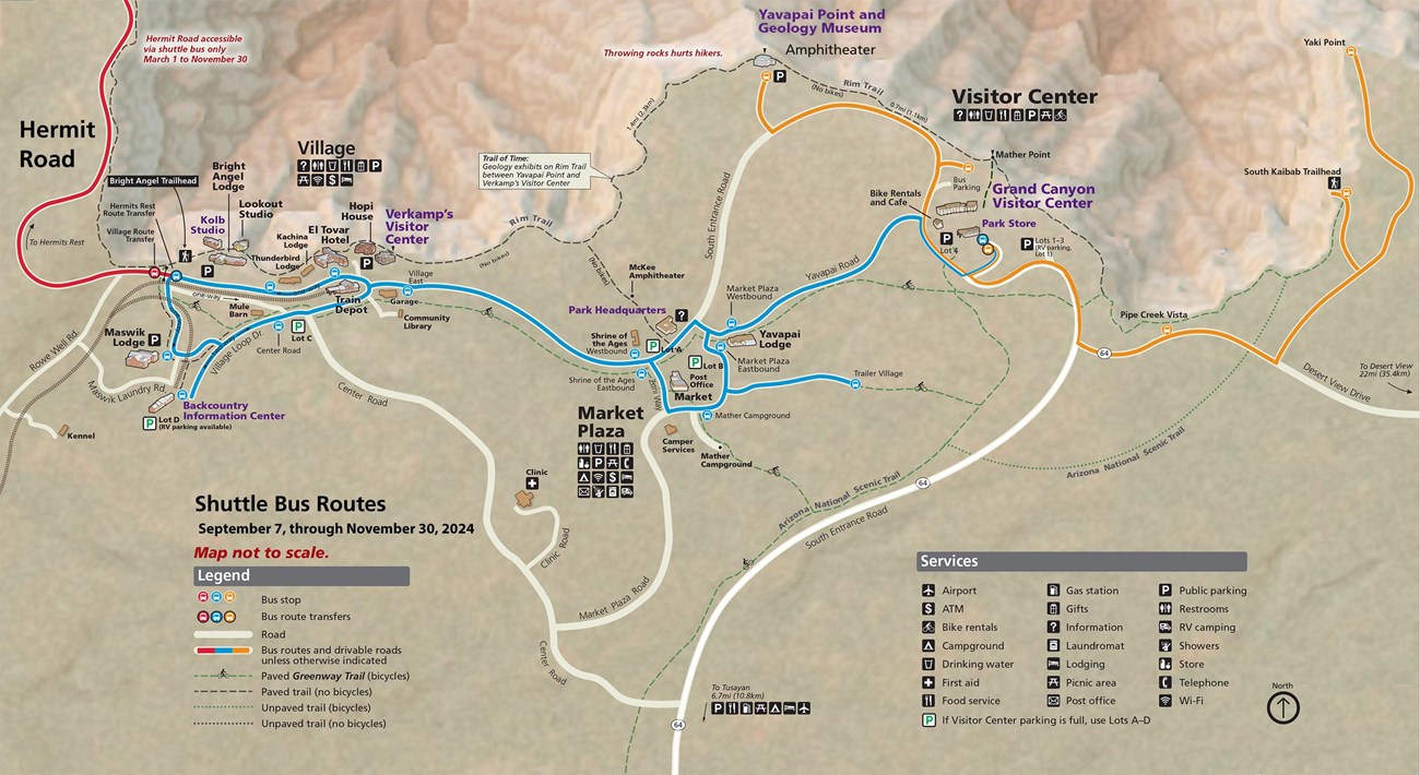 Map showing South Rim Grand Canyon Village and Vicinity showing the three shuttle bus routes that are in service during fall 2024