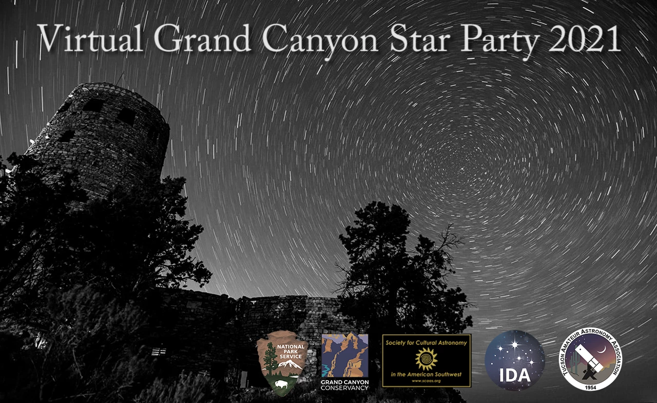 Title card final A black and white photo of the stars swirling around the north star. A tall cylindrical stone building appears to the left amongst small trees.