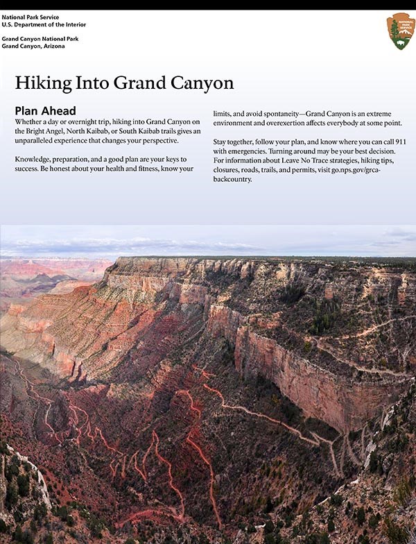 intro-bc-hike-1 cover of a downloadable brochure with a photo of a trail descending thousands of feet into a canyon landscape. Text reads: Hiking into Grand Canyon - Plan Ahead