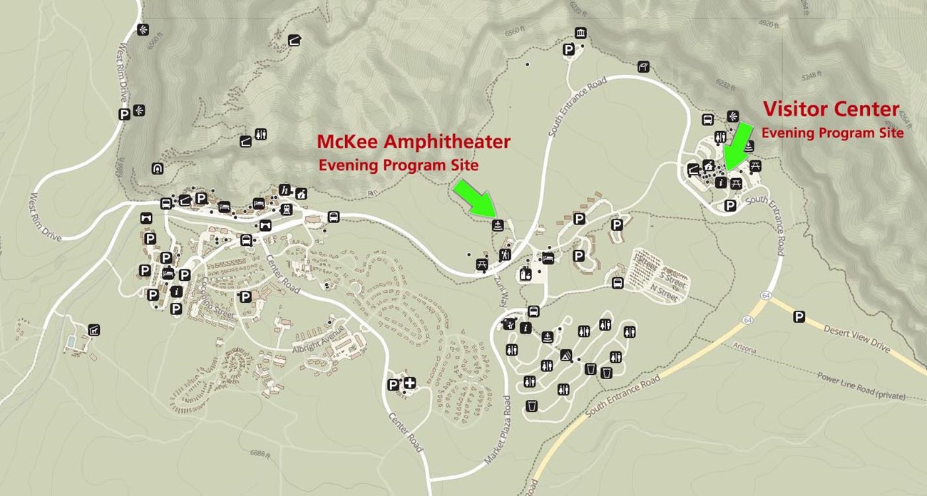 A map of South Rim Village and the surrounding area, showing the locations of the night sky programs, McKee Amphitheater, and the South Rim Visitor Center, with green arrows marking these spots.