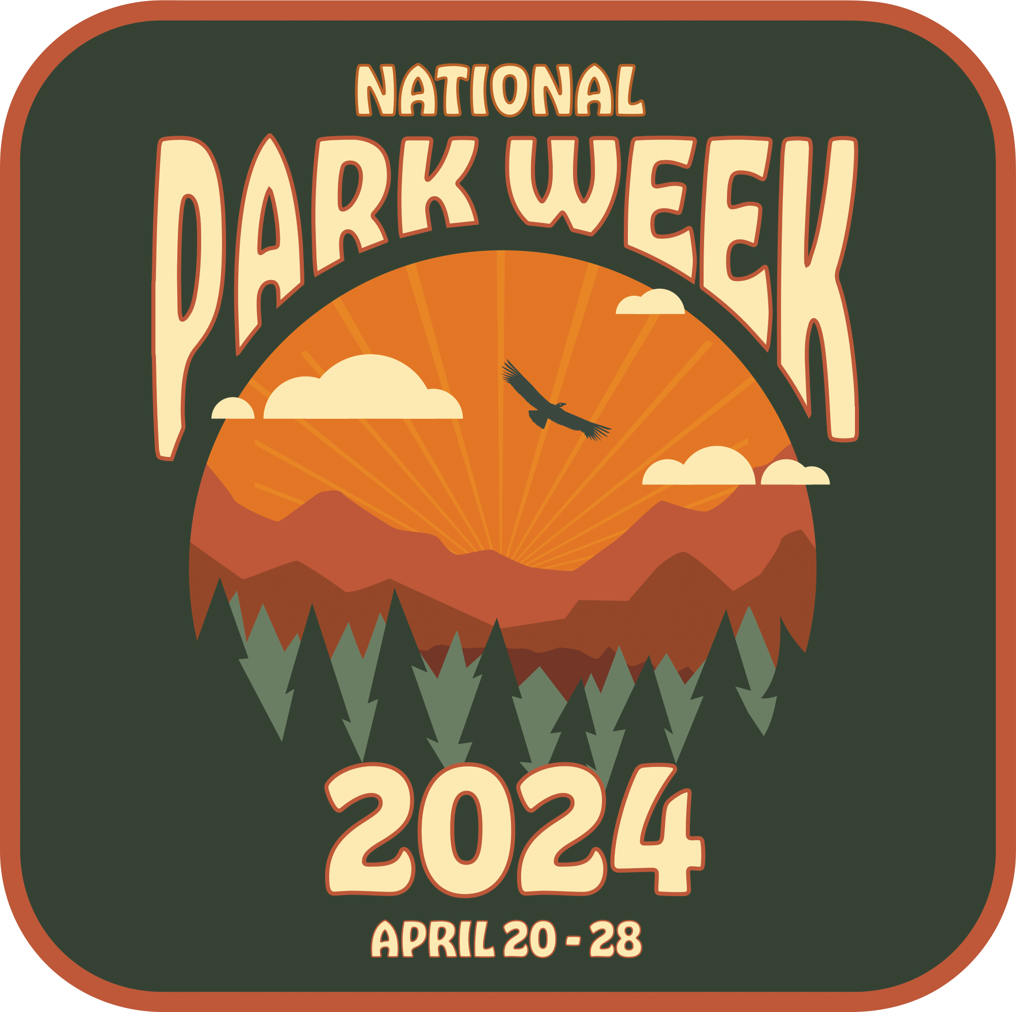 An NPS graphic with the words “National Park Week 2024, April 20-28”. In the center is a circular image of forest, mountains, and a soaring raptor against a sunset sky.