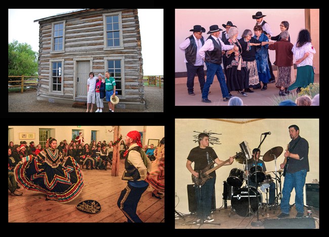 Hispanic Heritage Event 2024 Collage showing, clockwise from top left: Two-story log Pedro Trujillo Homestead, Los Vecinos Bailadores, Borderline band, and Las Semillas de la Tierra