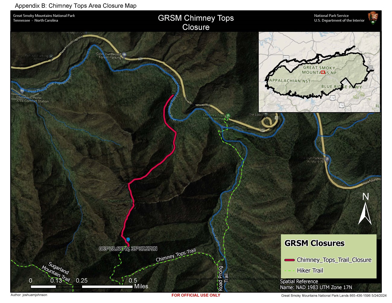 Chimney Tops closure map. Green dashed line from Newfound Gap Road turns to red bold line at lat/long: 083°28.687W, 35°37.579N. Forested topography surrounds marked trails (Sugarland Mtn & Road Prong trails). Inset map in corner. Scale: 0.5 miles.