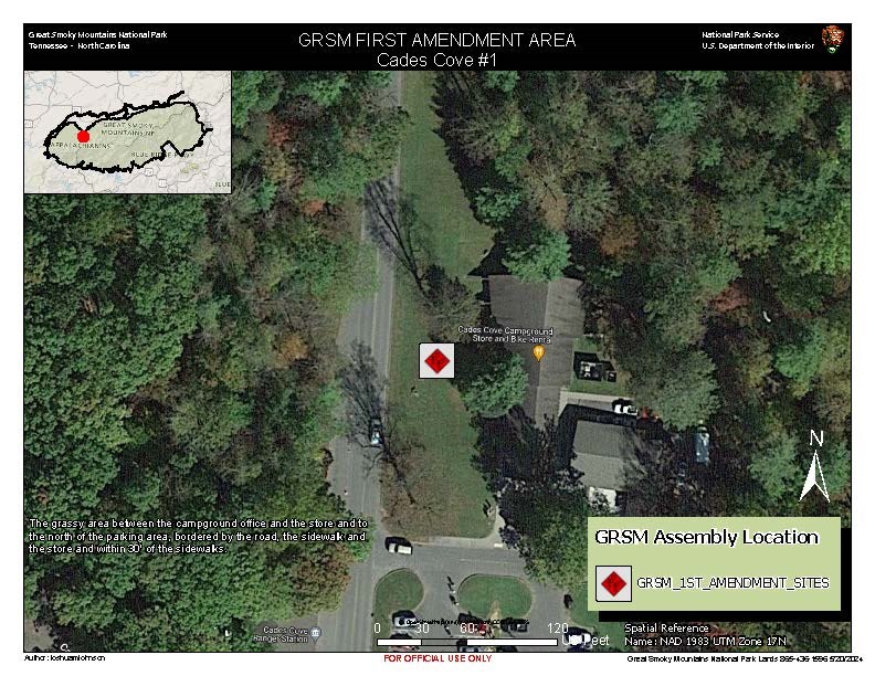 Cades Cove 1st Amendment Area map. Red diamond in white square in grassy area between campground office and store, north of parking area, bordered by the road, sidewalk, and store, within 30’ of sidewalks. Inset park map in corner. Scale: 120 ft