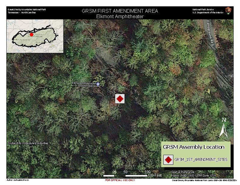 Elkmont 1st Amendment Area map. Red diamond in white square in Elkmont Amphitheater near campground comfort station. Subject to scheduled activities. Trees surround & Campground Road G to the east. Inset park map in corner. Scale: 100 ft