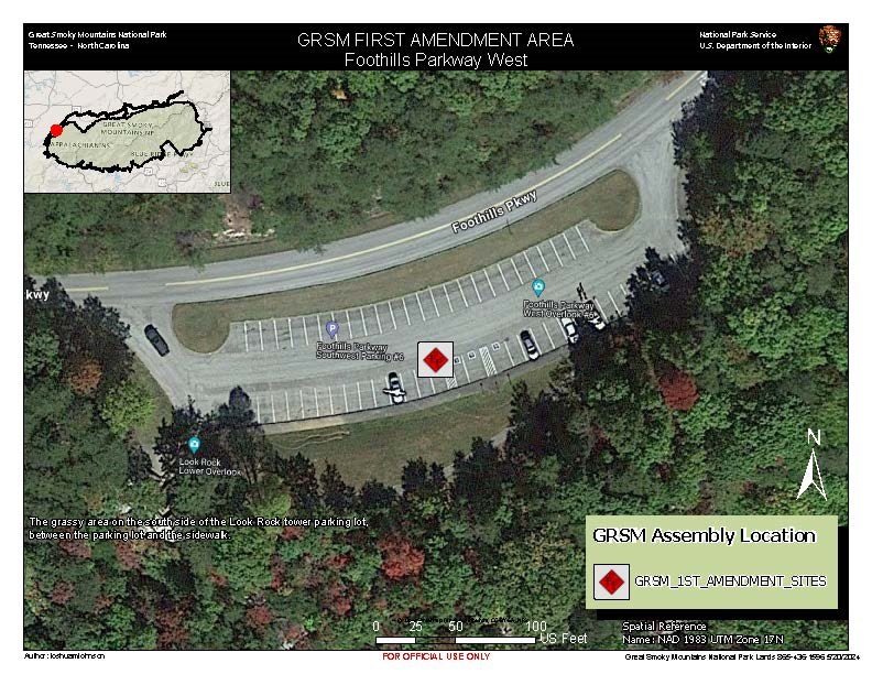 Foothills Parkway West 1st Amendment Area map. Red diamond in white square in grassy area on southside of Look Rock tower parking, between parking and sidewalk. Trees surround & Foothills Road to north. Inset park map in corner. Scale: 100 ft