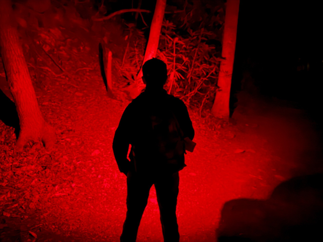 Use a red light at night. A hikers silouette that appears black in the night hiking on a trail with a red headlamp.