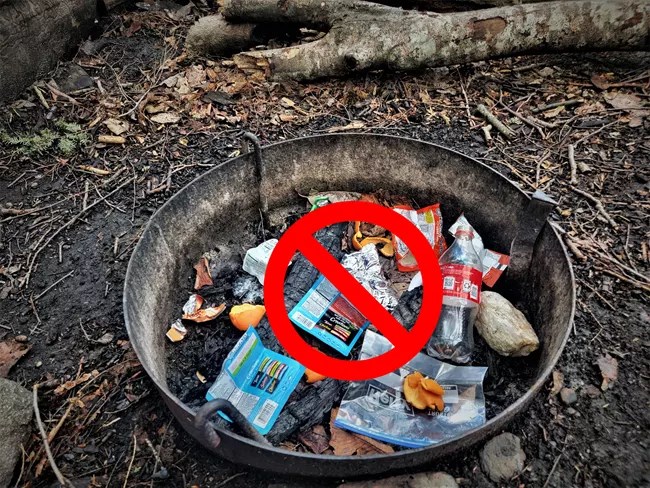 A fire ring with burnt garbage in it. An no signis in the middle.