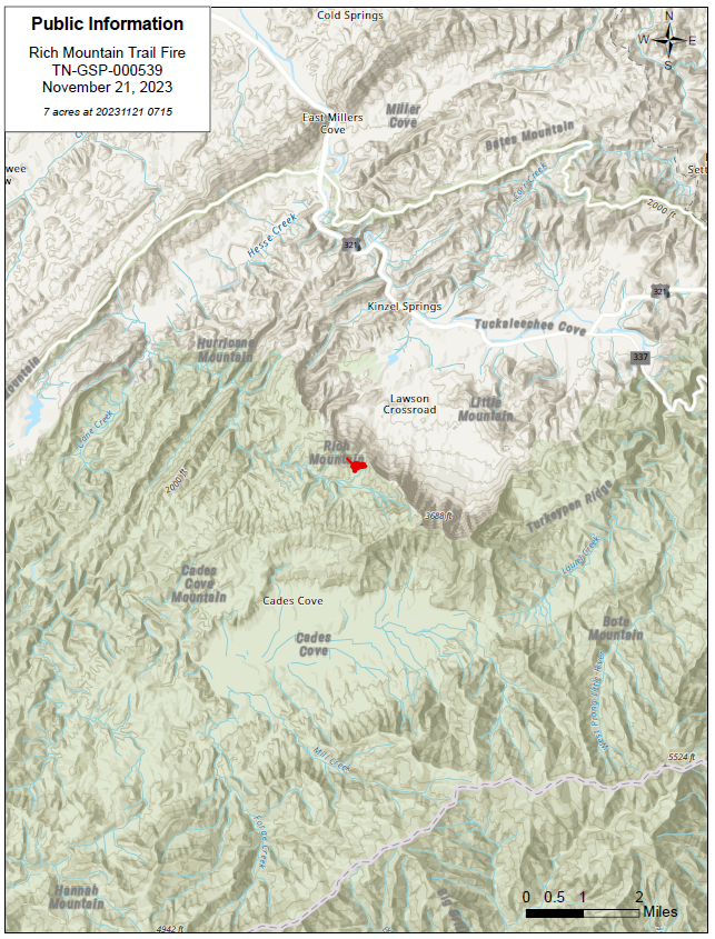 topo map shows outline of 7-acre fire