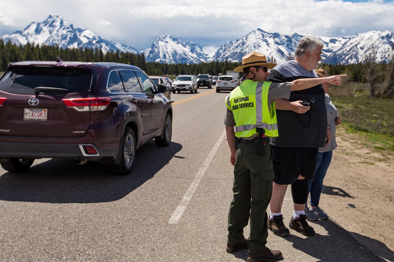 At a wildlife jam, a member of the Wildlife Brigade points, directing the attention of visitors to something out of view