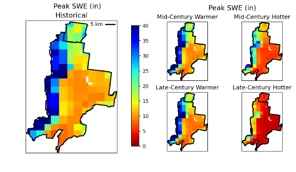 Historical and projected maps of Grand Teton National Park showing the peak snow water equivalents (SWE). The Hotter scenario shows large decreases in SWE.