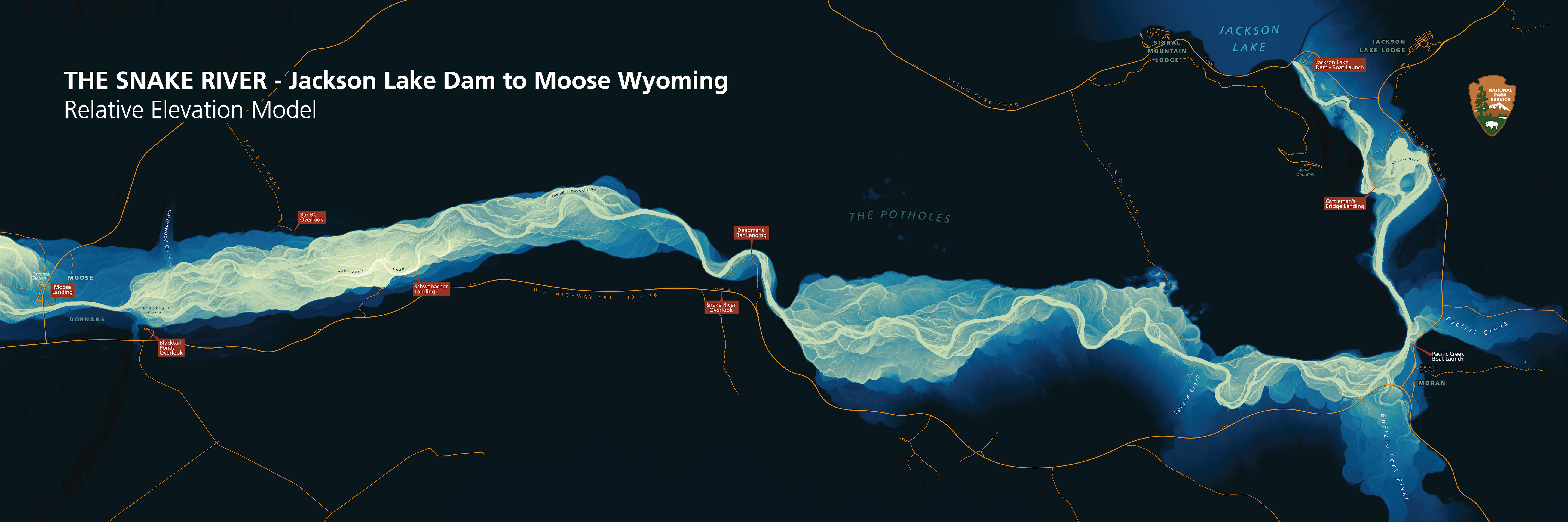 Relative elevation model of the Snake River from Jackson Lake to Moose. Subtle changes in topography reveal the history of the rivers pathing.