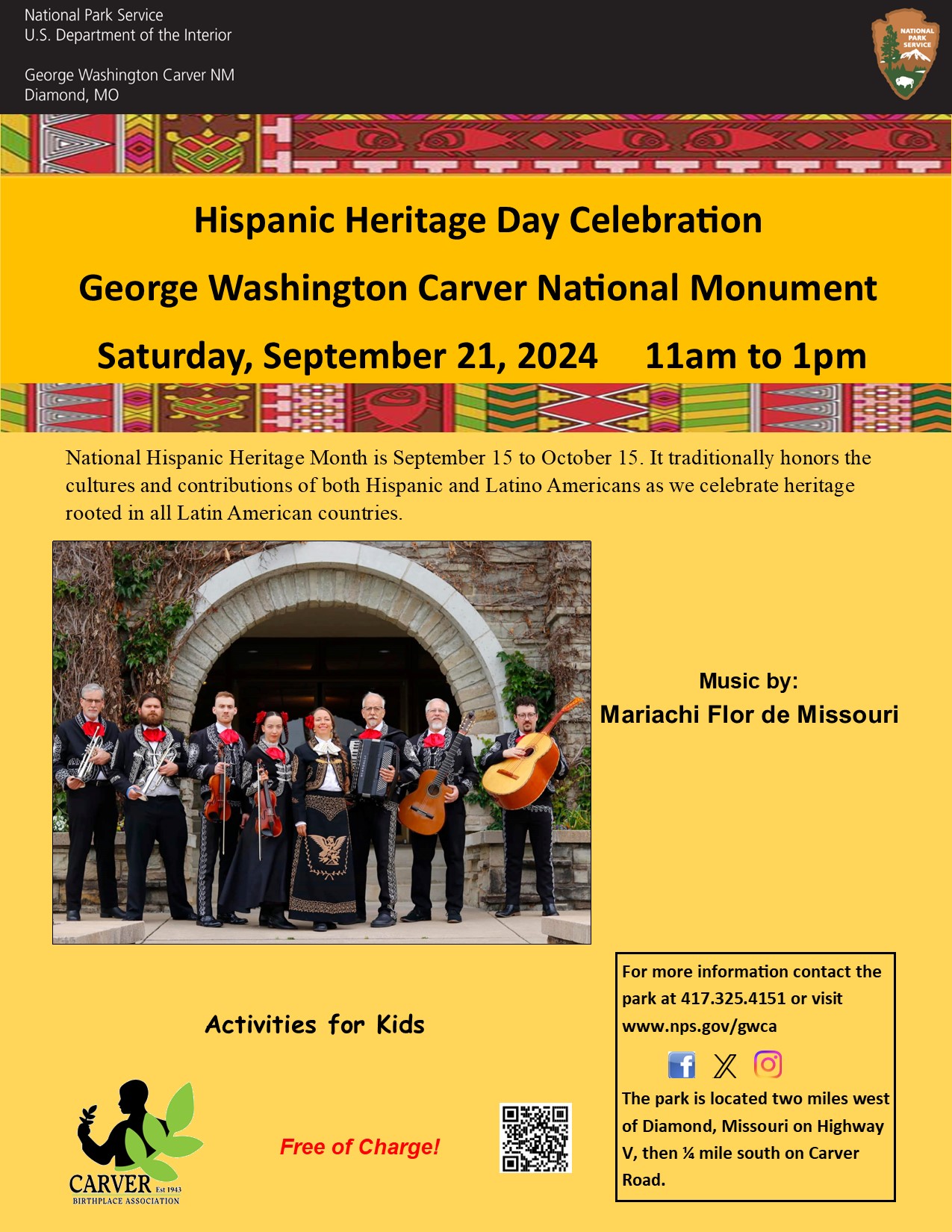 Information about Hispanic Heritage Day with eight individuals dressed in black & white formal wear with music instruments.