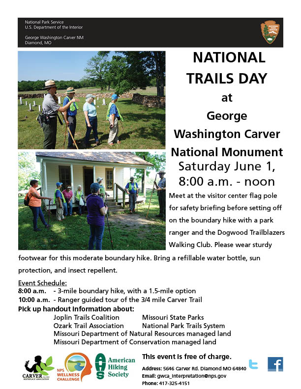 Visitors and a park ranger standing outside for National Trails Days. Visitors and a park ranger standing in front of a house during National Trails Day.