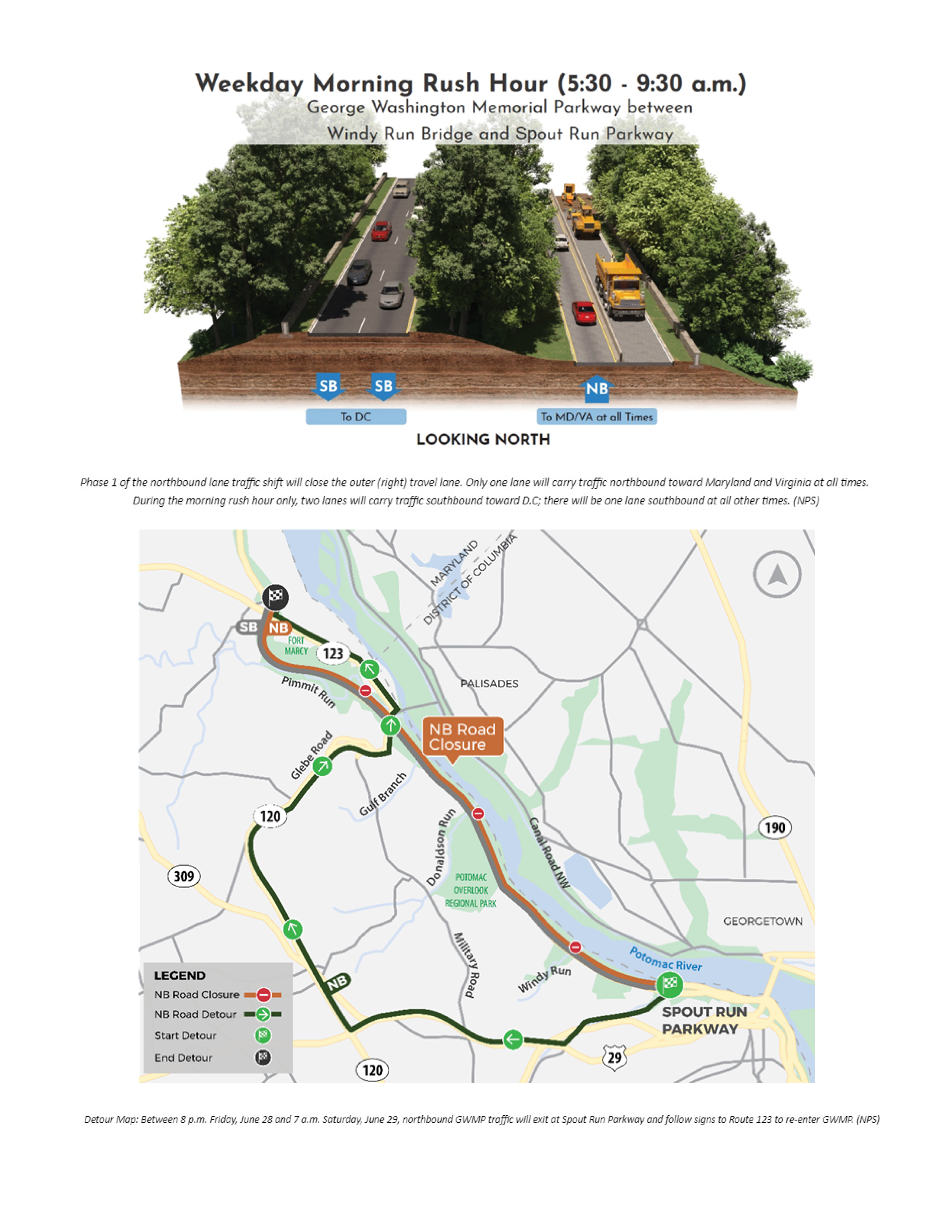 A grphic showing how the lanes will be divided and the detour map for the first phase.