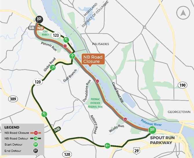 Map illustrating the detour for northbound George Washington Memorial Parkway (GWMP) traffic. The detour directs traffic to exit at Spout Run Parkway and follow the signs to Route 123.