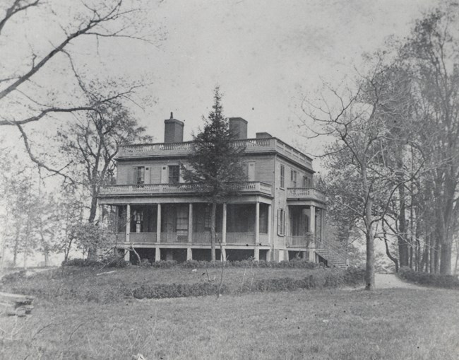 Historic-Grange-photo2.jpg Black and white photograph of a home.
