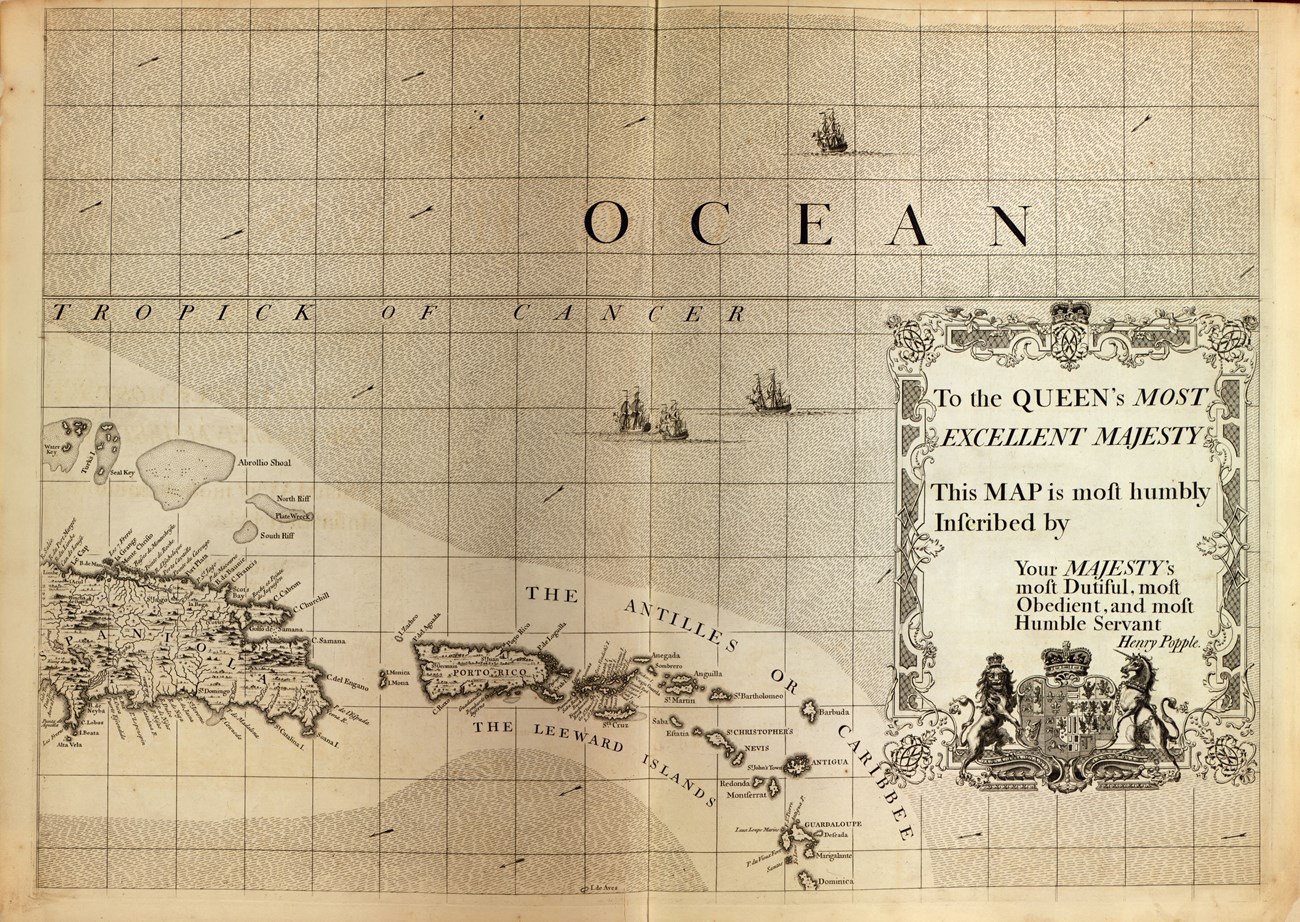 An image of a map containing the Caribbean West Indies, with labelling refering to the British Empire.