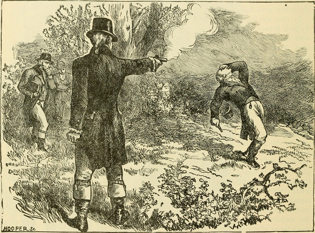 A black and white illlustration of two people pointing guns at each other.