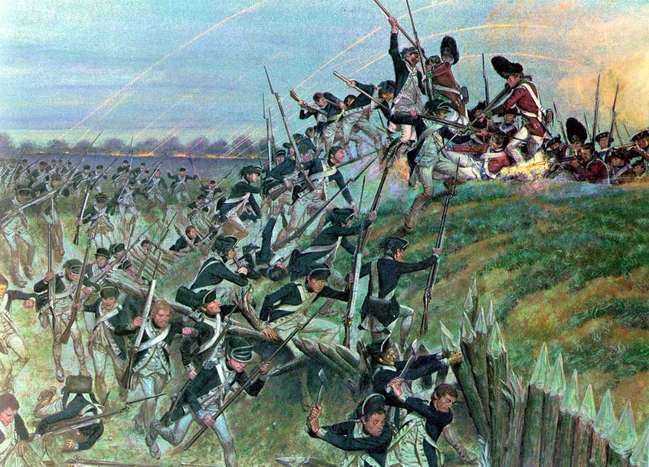 An illustration of two Revolutionary war armies converging in battle on a rural landscape,
