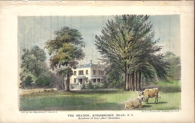 An illustration of Hamilton Grange in 1858. The yellow house is flanked to the right by a dense grove of trees.