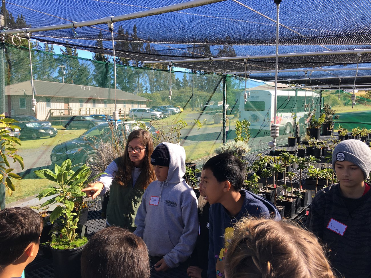 Students on a biodiversity field trip with park horticulturist learning about the endangered ʻāhinahina or Haleakalā Silversword. Students on a biodiversity field trip with park horticulturist learning about endangered species