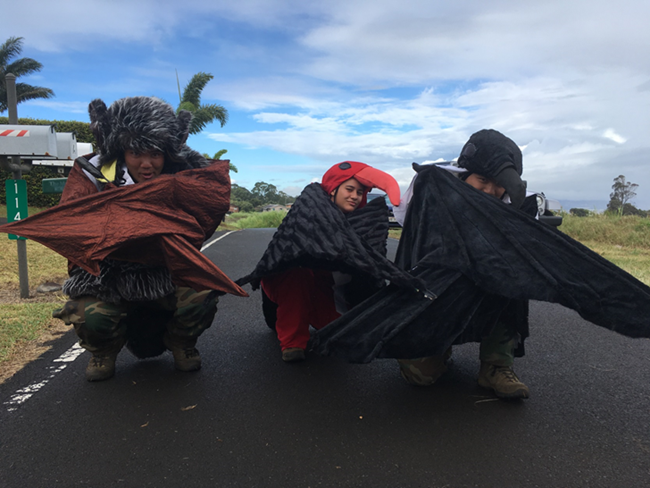 'Imi I Ka Lama interns with 'Ōpe'ape'a, 'I'iwi, 'Ua'u costume from Makawao Parade 'Ōpe'ape'a (Hawaiian Hoary Bat), 'I'iwi (Hawaiian Honeycreeper), 'Ua'u (Hawaiian Petrel) costumes