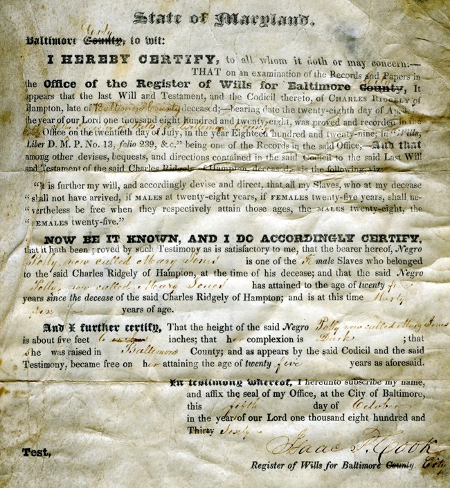 This document is a court record of the manumission of Mary (“Polly”) Smith, freed from chattel slavery at age 25 in 1849. It describes the terms of Charles Carnan Ridgely’s 1829 will, which gives the ages at which his enslaved workers could be freed.