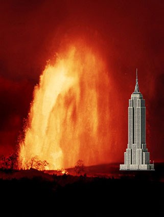 Lava fountain with empire state building graphic for size perspective