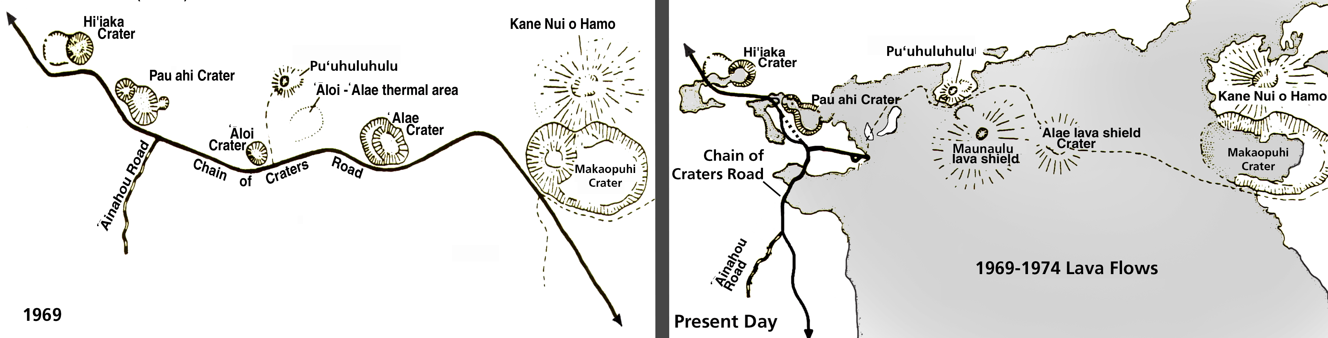 Grayscale animated map of the area around Maunaulu, before and after the 1969-1974 eruption