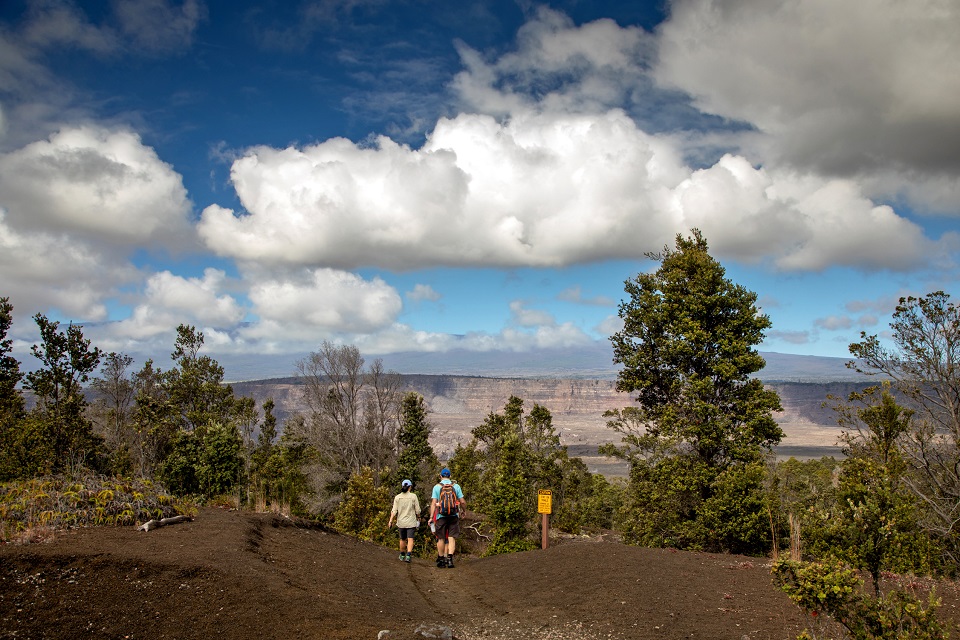 Two people hiking towards a downslope trail, blue sky, clouds and plants