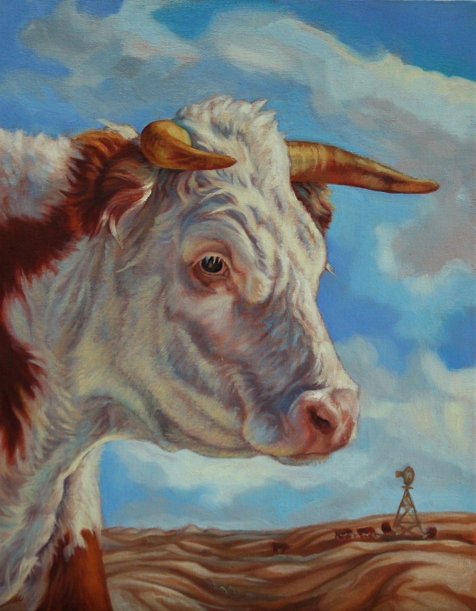Alice Leese painting, "Long Way to Water." Oil painting of a cow's head