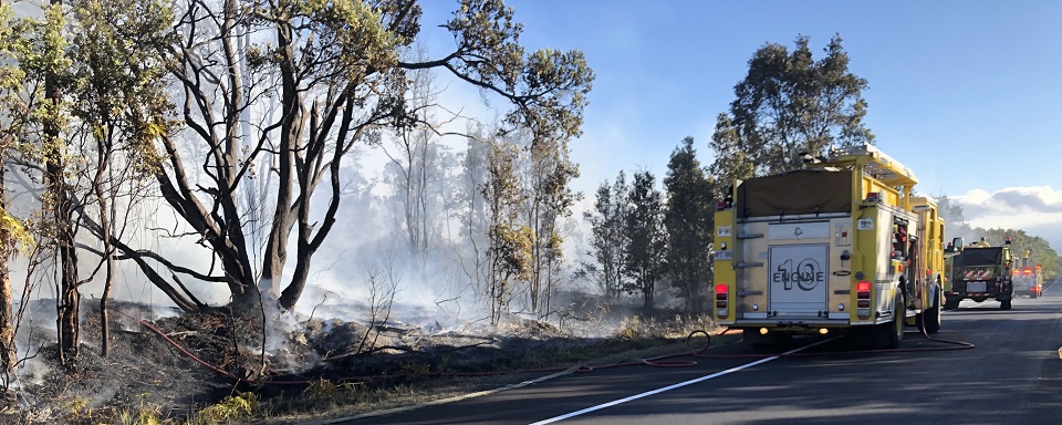 Fire truck on a road parked next to a smoke-filled forest