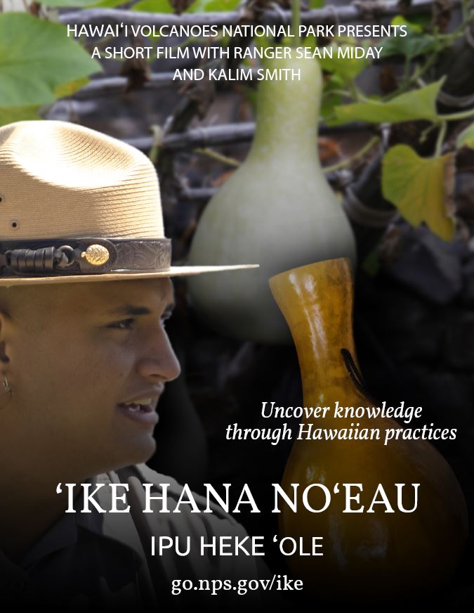 Poster art of a male Hawaiian park ranger profile holding a gourd instrument