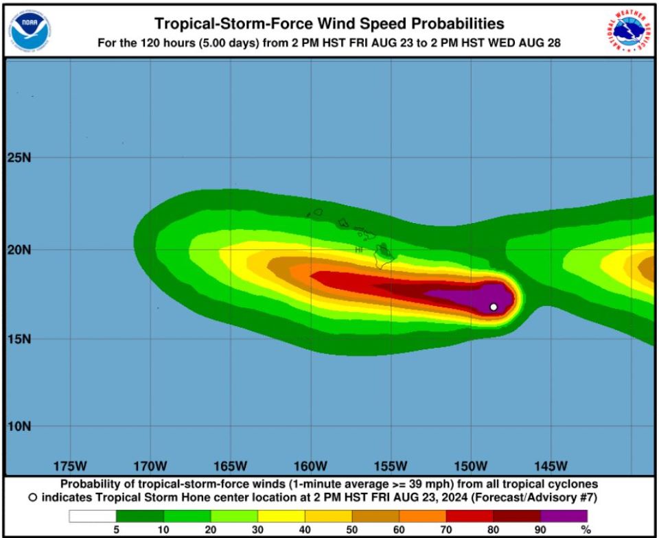 Graphic showing approaching tropical storm from east of Hawaii islands