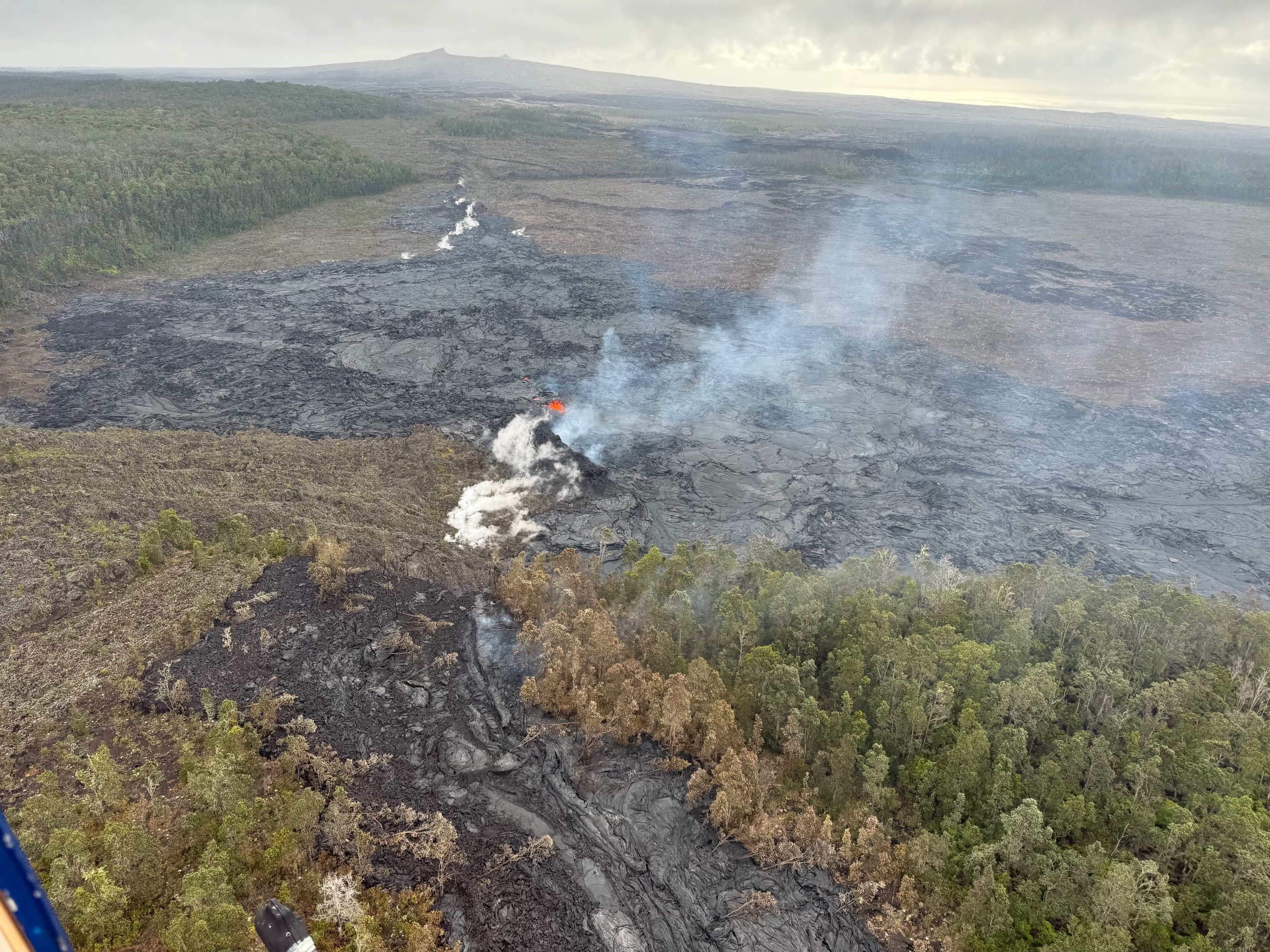 Arial view of small bright red lava fountain surrounded by black lava rock and forest.