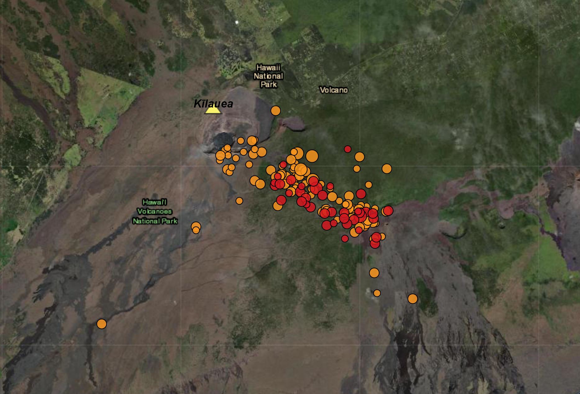 A map showing earthquakes at Kīlauea summit with red dots.
