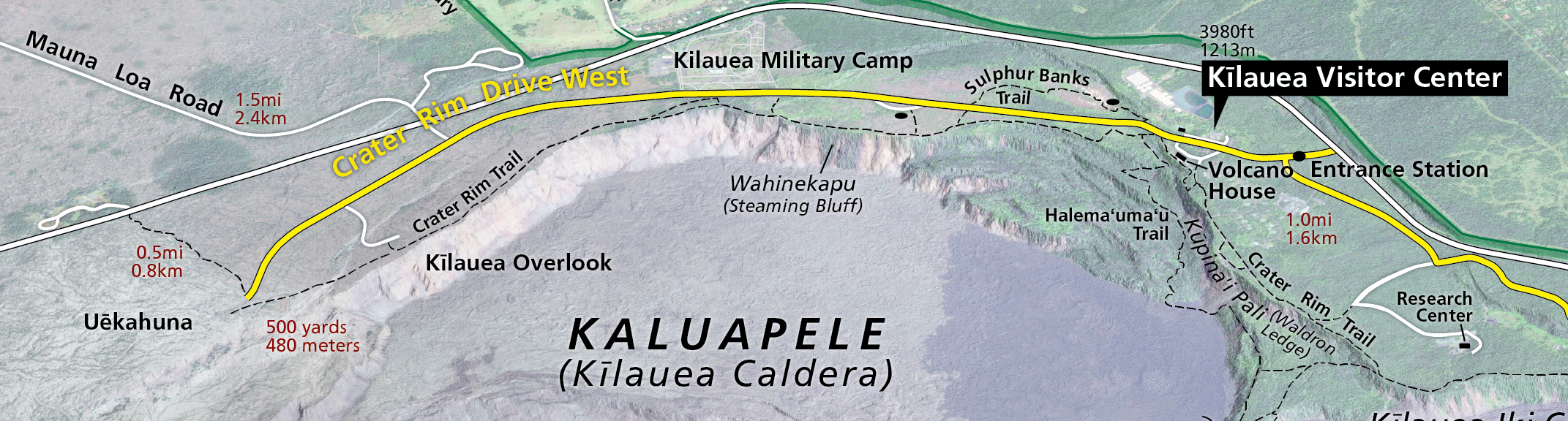 A park map of the summit region of the park showing Crater Rim Drive.
