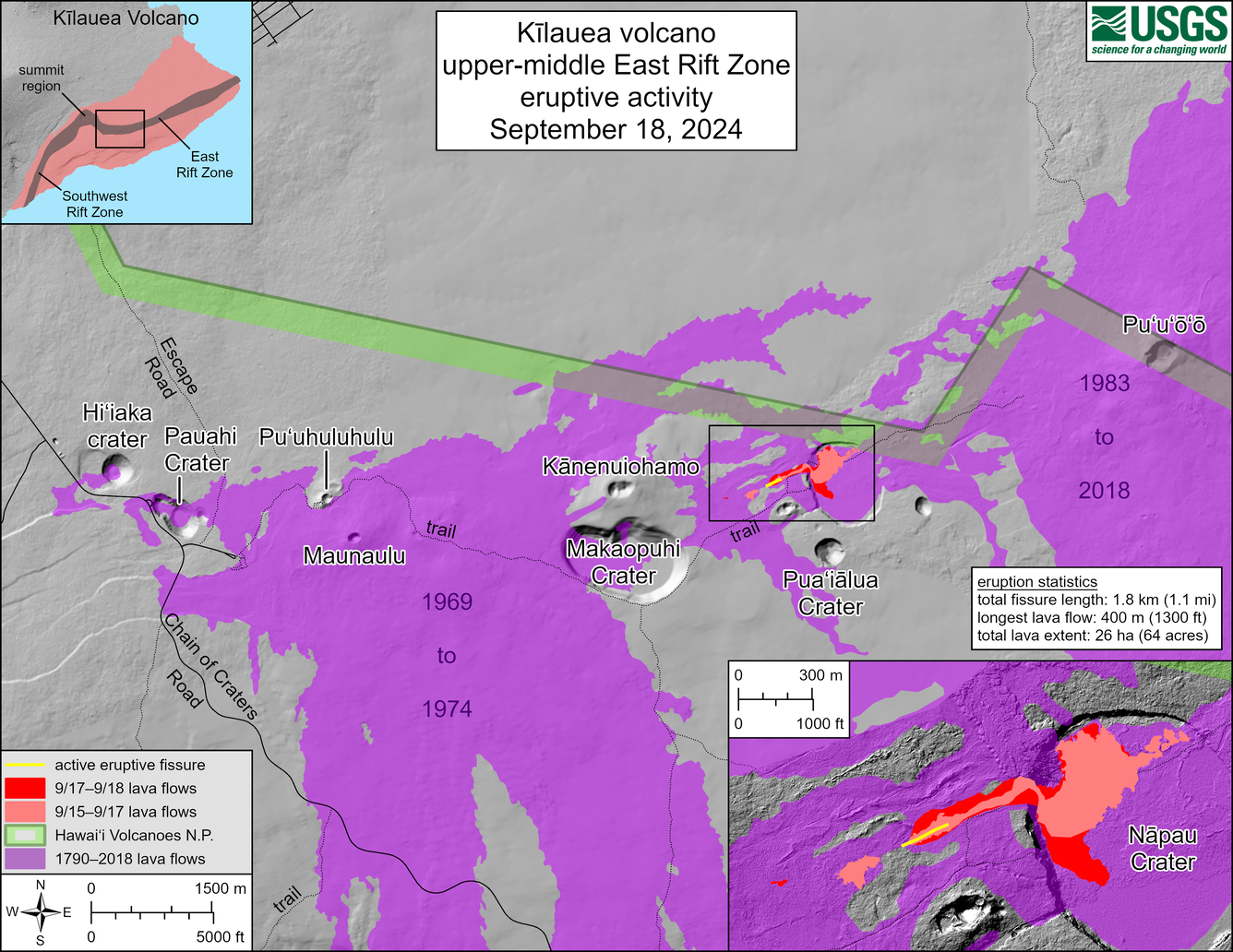 Map with purple areas showing old lava flows and red showing current lava flows