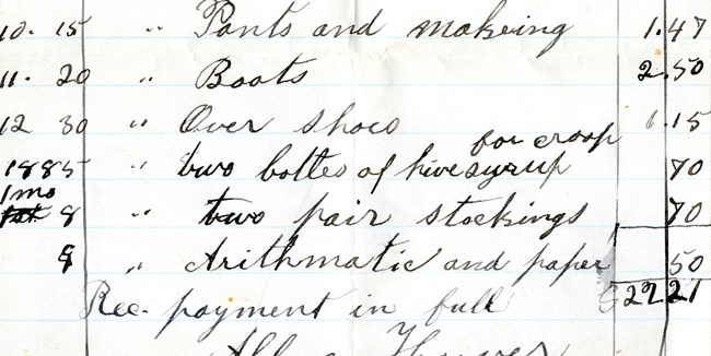 A portion of a hand-written ledger details child-rearing expenses like pants, boots, and medicine.