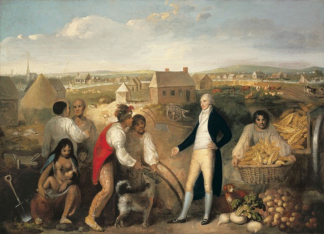 painting of white man in formal attire with Native American people around him; woman sitting breastfeeding child, two men conversing, one with basket of corn, and two others conversing with white man; houses in the background