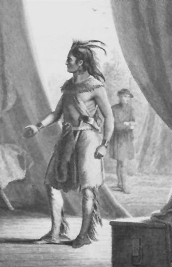 engraving of man in native american garb with right hand outstretched looking to shake hands
