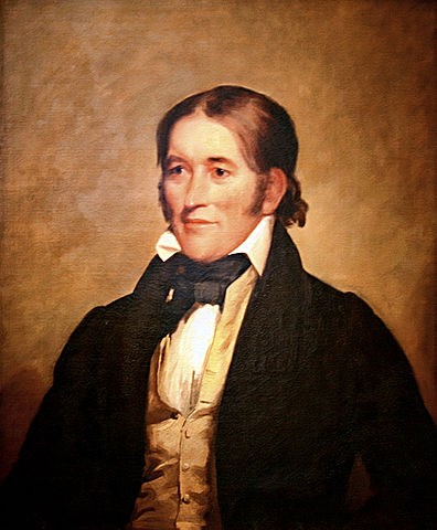 painting of man, stomach up, wearing black jacket and gold vest, white collared shirt, and facing left