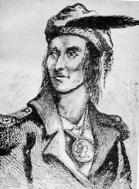 sketch of man in military jacket, medallion around neck, hat with feather, seen from chest up looking to left
