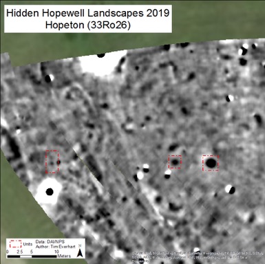 Hopewell Hidden Landscapes pictures showing black dots on a black and white image of magnetometry data