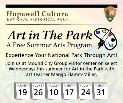 Art program flyer with a paint palate on right side of image along with NPS logo above it and dates for summer art programs in June and July - call 740-774-1126 for complete info