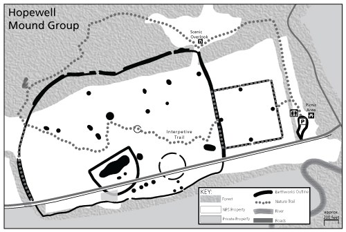 A black and white map showing the layout and features of a park site