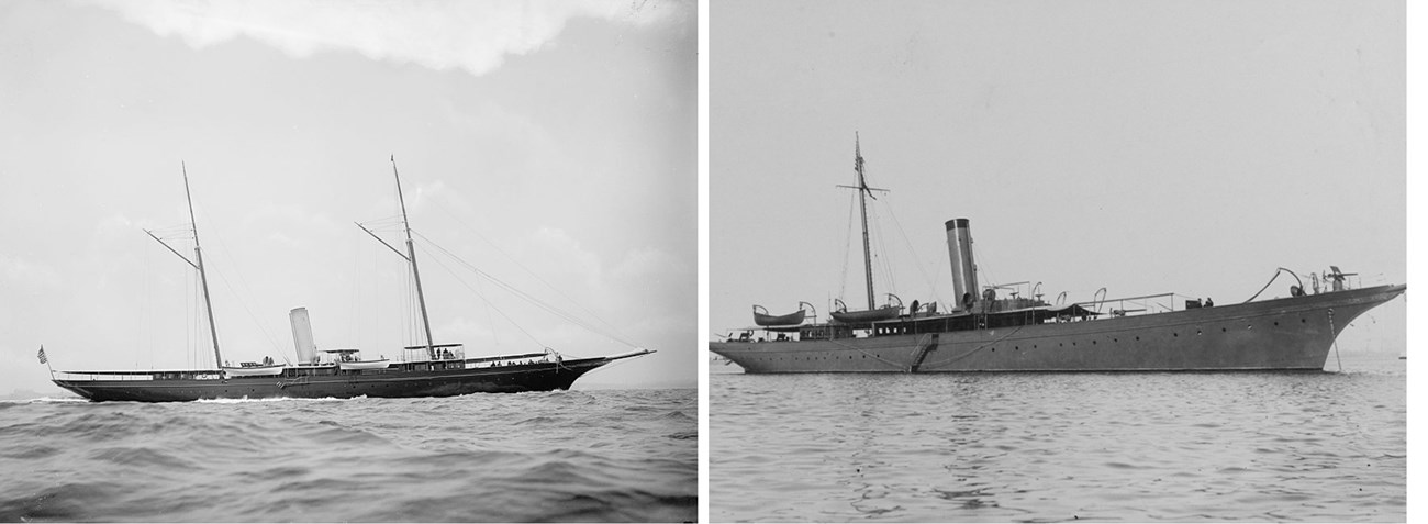 Two images side by side of a ship at sea.
