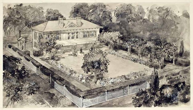 A watercolor rendering of a suburban house and garden.